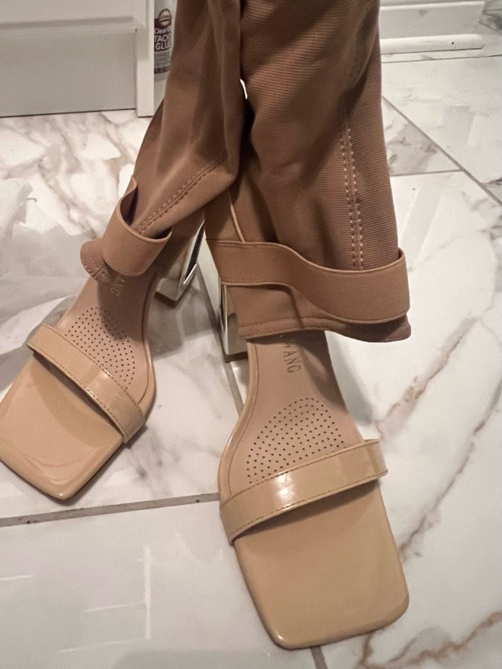 Beige Square-Toe Stretch Ankle Boot Sandals